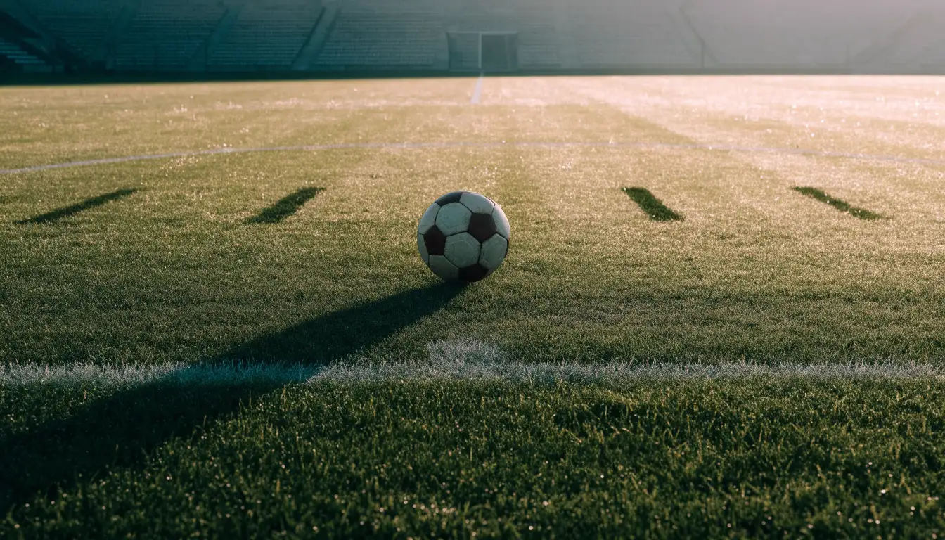 Ein Fußball liegt auf dem Mittelkreis eines leeren Rasenplatzes am frühen Morgen, im Hintergrund eine ferne Tribüne im Dunst.