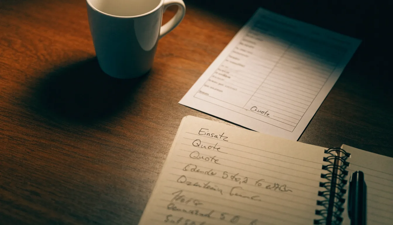 Ein Notizbuch mit handschriftlichen Notizen und ein Kugelschreiber liegen auf einem Schreibtisch neben einer Tasse, Blick schräg von oben.