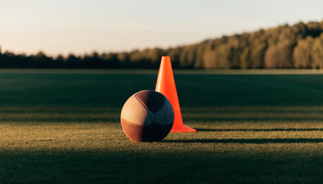 Ein Fußball liegt auf einem Trainingsplatz neben einem orangen Hütchen, Abendlicht fällt flach über den Rasen.