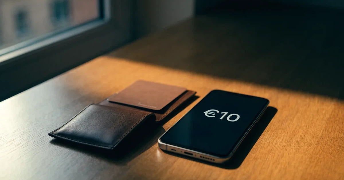 Ein Portemonnaie aus Leder liegt geöffnet auf einem Holztisch neben einem Smartphone mit dunklem Display, Fensterlicht fällt von der Seite.