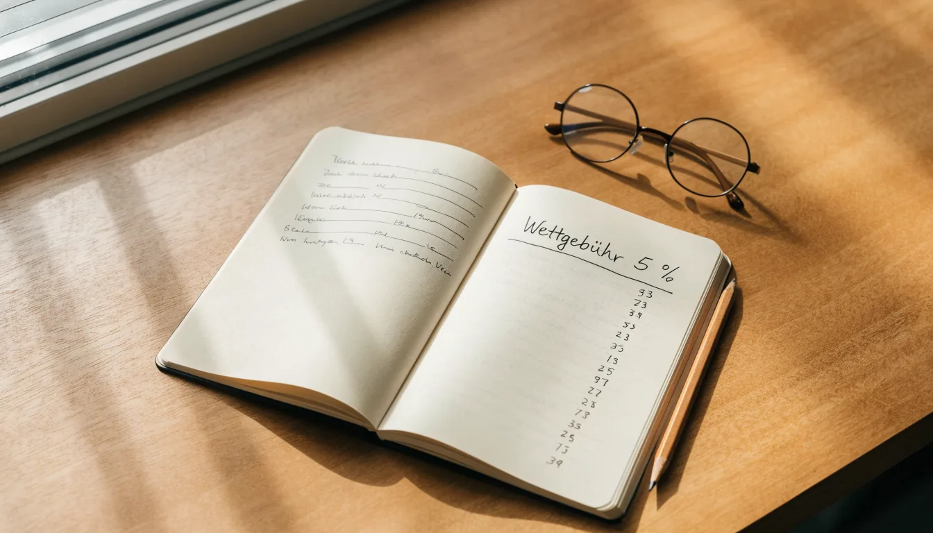 Ein aufgeschlagenes Notizbuch mit handschriftlichen Notizen liegt neben einem Bleistift auf einem Schreibtisch, daneben eine Brille.