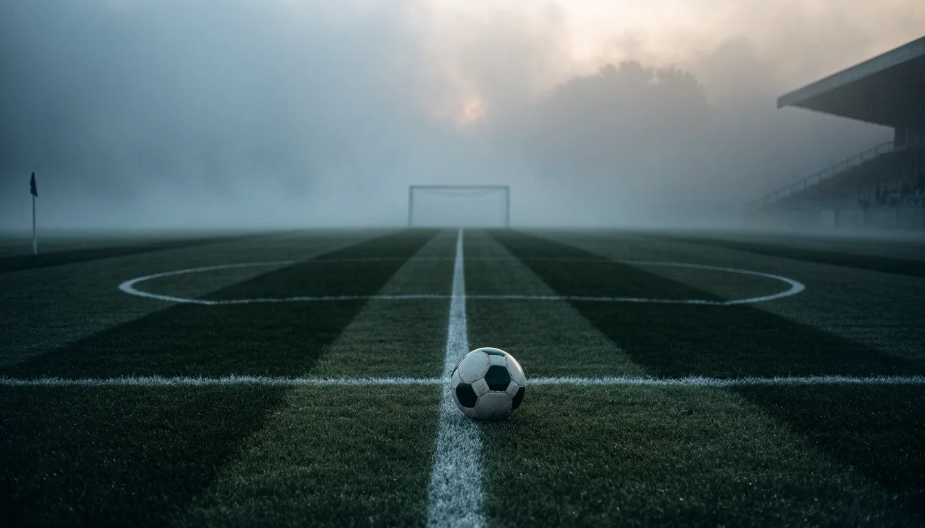 Ein leeres Fußballfeld im Morgennebel, die Mittellinie verliert sich im Dunst, kein Mensch ist zu sehen.