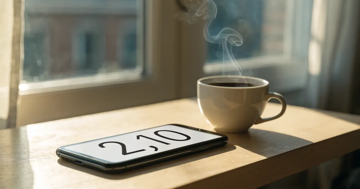 Eine Handvoll Münzen liegt neben einer Kaffeetasse auf einem Küchentisch, im Hintergrund unscharf ein Fenster mit Morgenlicht.