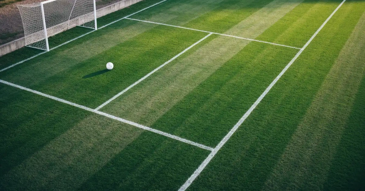 Ein Spielfeld aus der Vogelperspektive mit frisch gezogenen weißen Linien, ein einzelner Ball liegt im Strafraum, niemand ist zu sehen.
