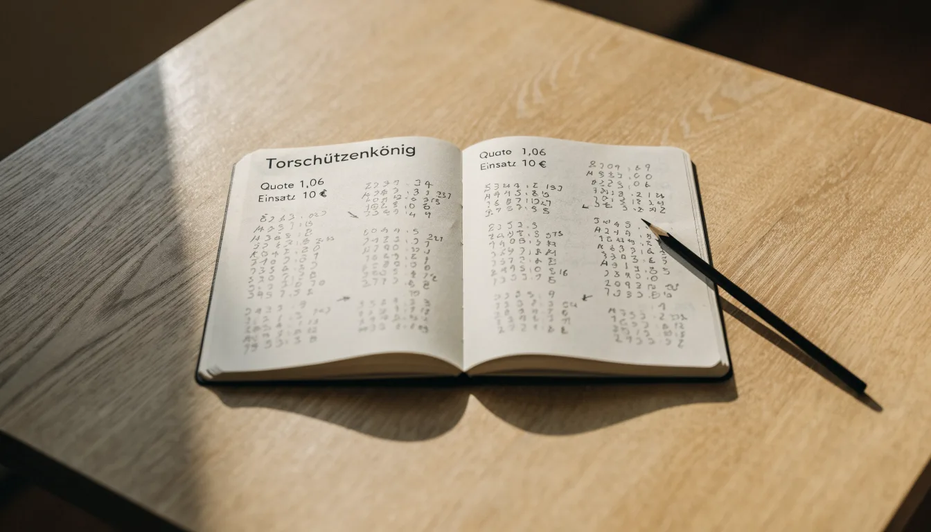 Ein aufgeschlagenes Notizbuch mit handschriftlichen Notizen und Pfeilen liegt neben einem Bleistift auf einem Holztisch, Tageslicht von links.