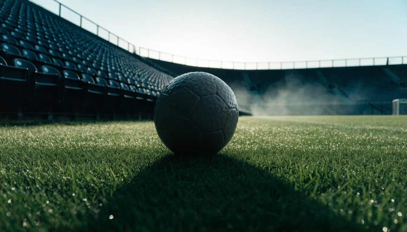 Ein Fußball liegt auf dem Rasen vor einer leeren Tribüne am frühen Morgen, Tau glänzt auf dem Gras.