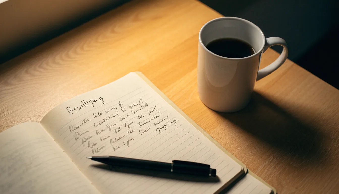 Ein Notizbuch mit handschriftlichen Notizen und ein Kugelschreiber liegen auf einem Schreibtisch neben einer Tasse, Blick schräg von oben.