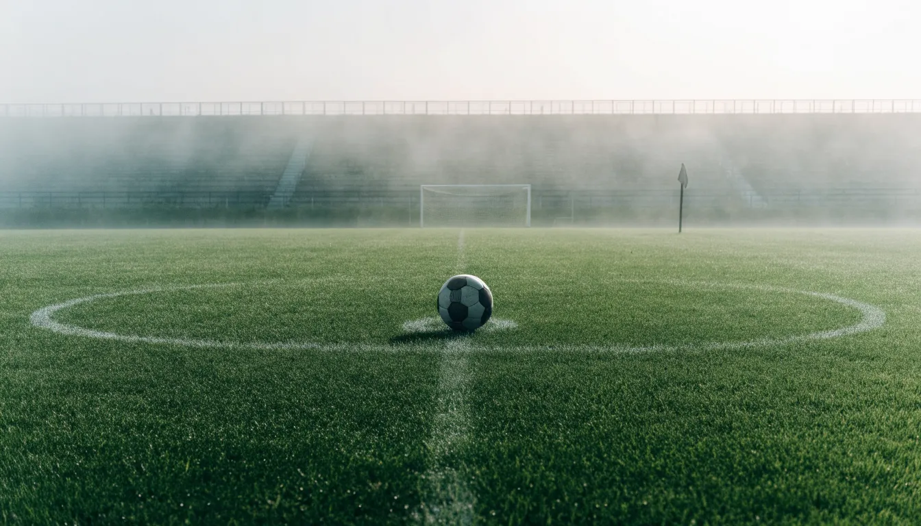 Ein Fußball liegt auf dem Anstoßpunkt eines leeren Rasenplatzes im Morgendunst, im Hintergrund eine ferne Tribüne.