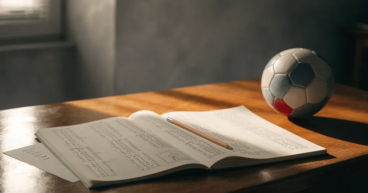 Ein Notizbuch mit handschriftlichen Notizen und kleinen Skizzen liegt aufgeschlagen neben einem Bleistift auf einem Schreibtisch, daneben ein Fußball.