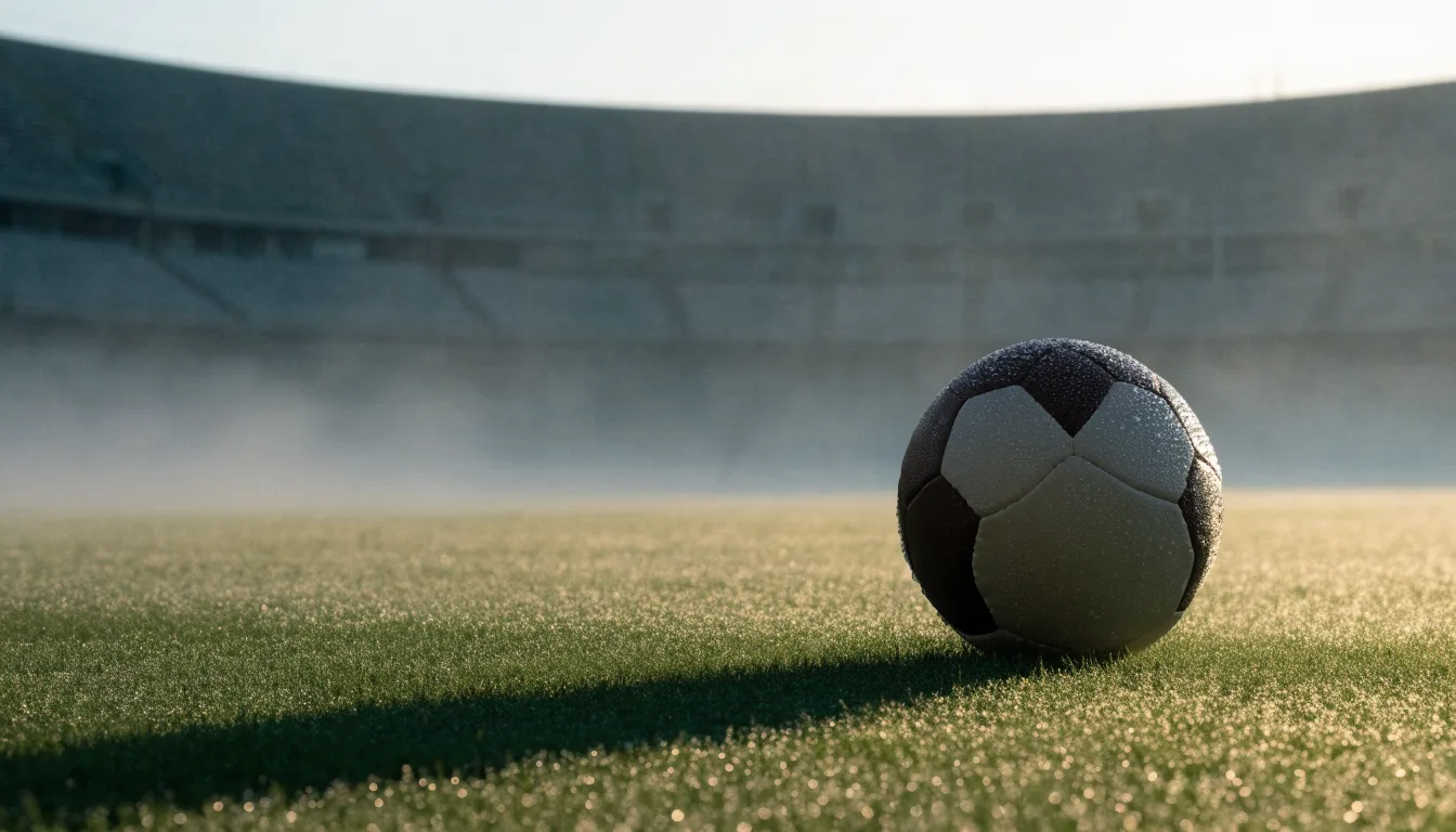 Ein Fußball liegt auf einem Rasenplatz, im Hintergrund eine ferne Tribüne im Morgendunst, Tau glänzt im Gras.