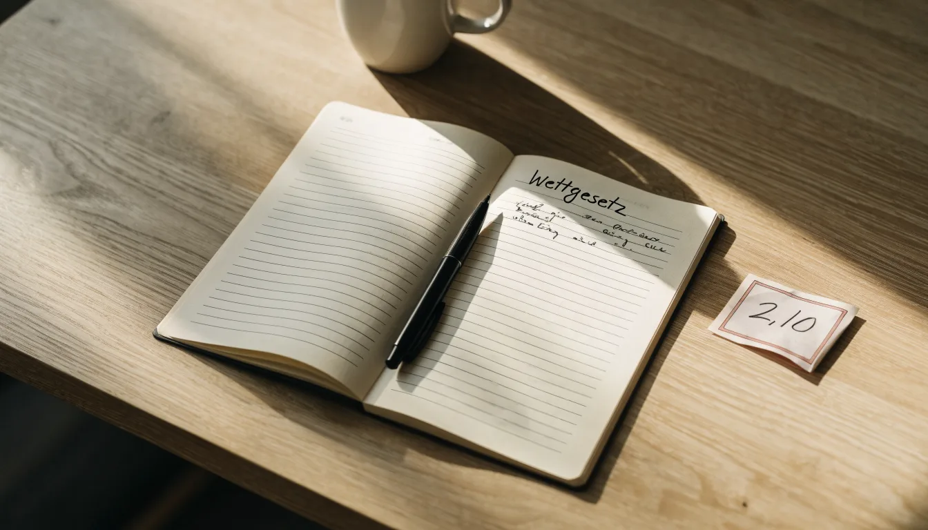 Ein Notizbuch mit handschriftlichen Notizen und ein Kugelschreiber liegen auf einem Schreibtisch neben einer Tasse, Blick schräg von oben.