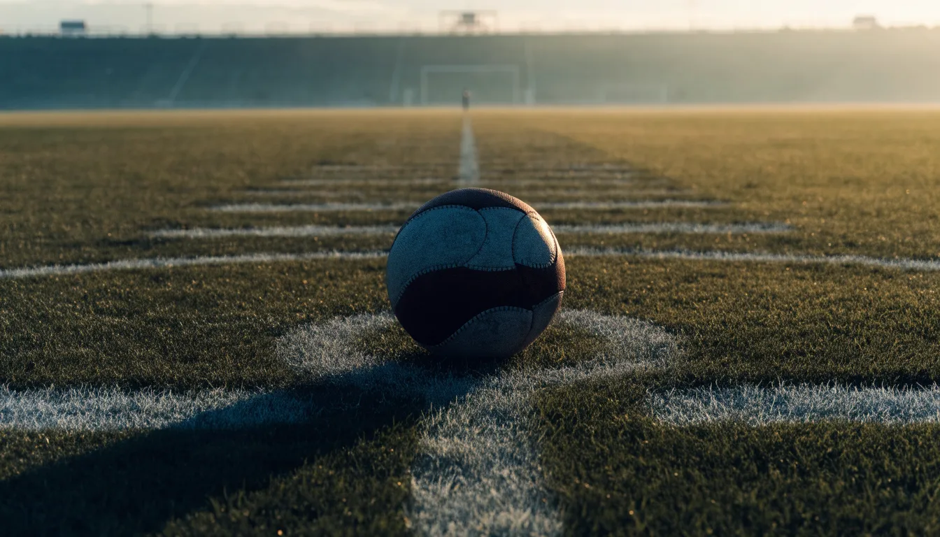 Ein Fußball liegt auf dem Mittelkreis eines leeren Rasenplatzes am frühen Morgen, im Hintergrund eine ferne Tribüne im Dunst.