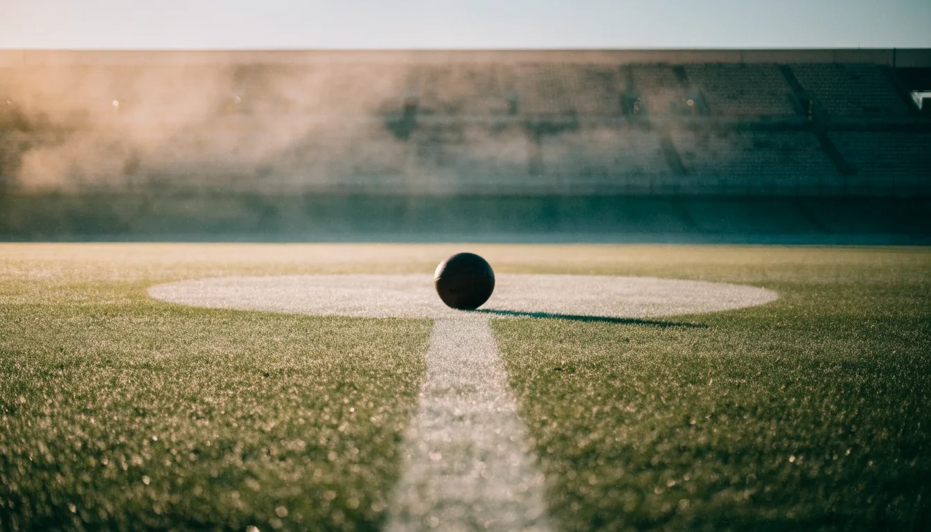 Ein Fußball liegt auf dem Mittelkreis eines leeren Rasenplatzes am frühen Morgen, im Hintergrund eine ferne Tribüne im Dunst.
