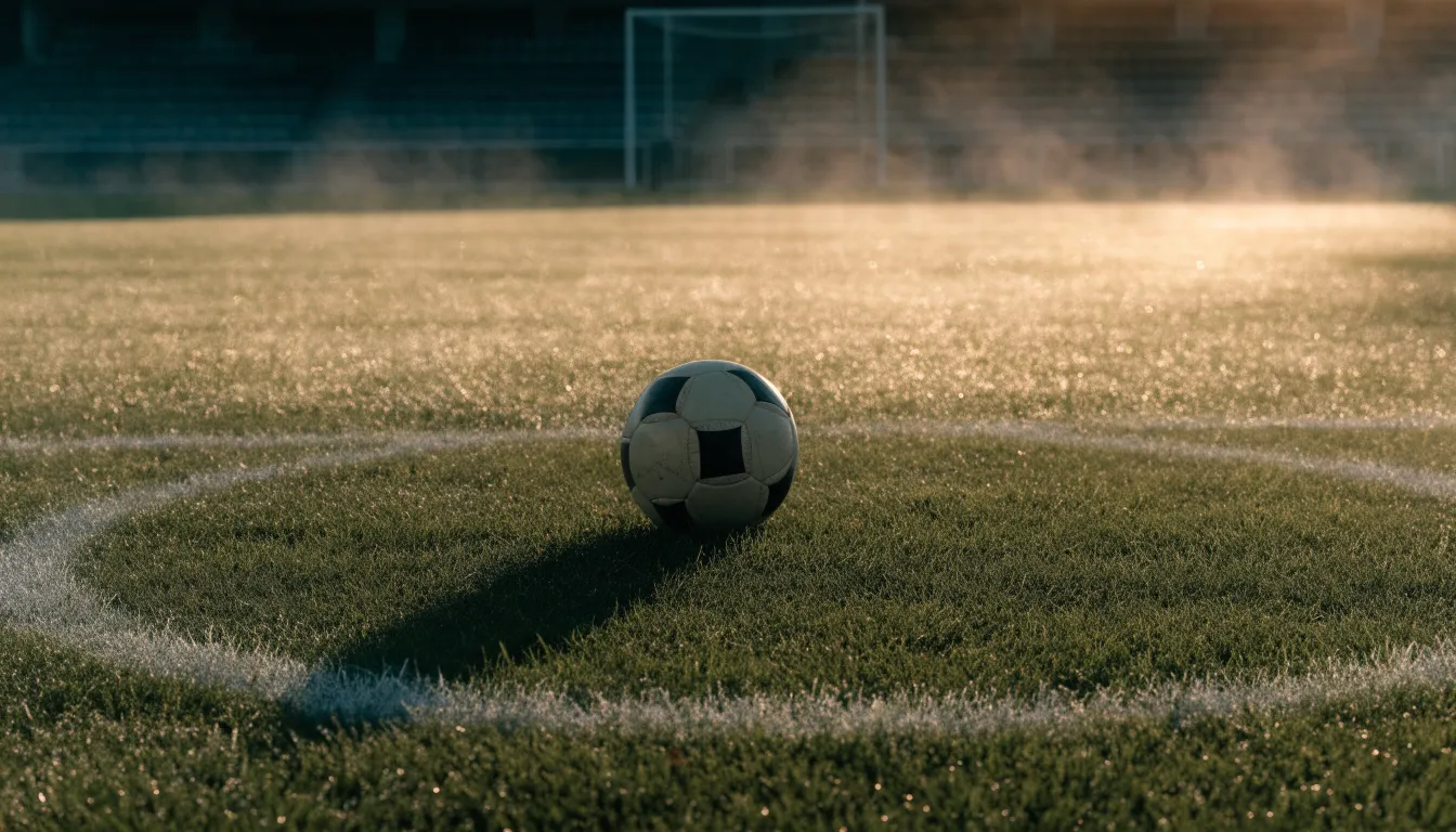 Ein Fußball liegt auf dem Mittelkreis eines leeren Rasenplatzes am frühen Morgen, im Hintergrund eine ferne Tribüne im Dunst.
