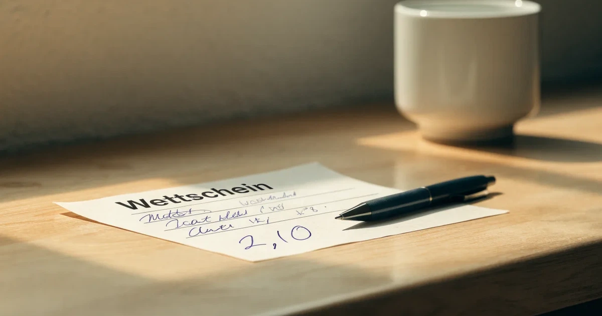 Ein leerer Papier-Wettschein ohne Aufdruck liegt neben einem Kugelschreiber auf einem hellen Tresen, weiches Seitenlicht.