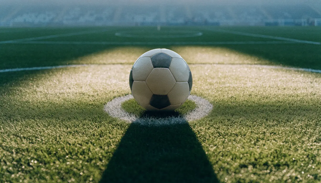 Ein Fußball liegt auf dem Mittelkreis eines leeren Rasenplatzes am frühen Morgen, im Hintergrund eine ferne Tribüne im Dunst.