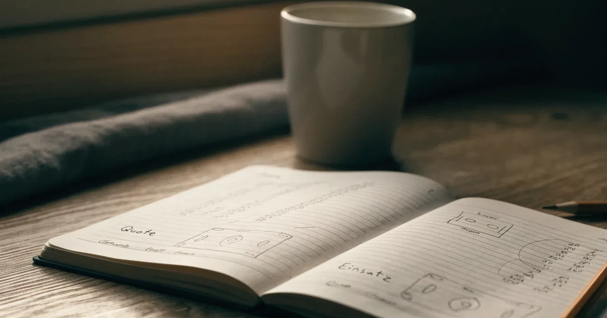 Ein Notizbuch mit handschriftlichen Notizen und kleinen Skizzen liegt aufgeschlagen neben einem Bleistift auf einem Schreibtisch, Fensterlicht von links.