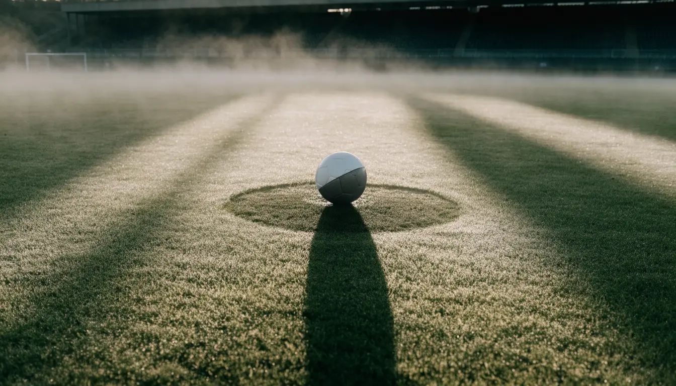 Ein Fußball liegt auf dem Anstoßpunkt eines leeren Rasenplatzes im Morgendunst, im Hintergrund eine ferne Tribüne.