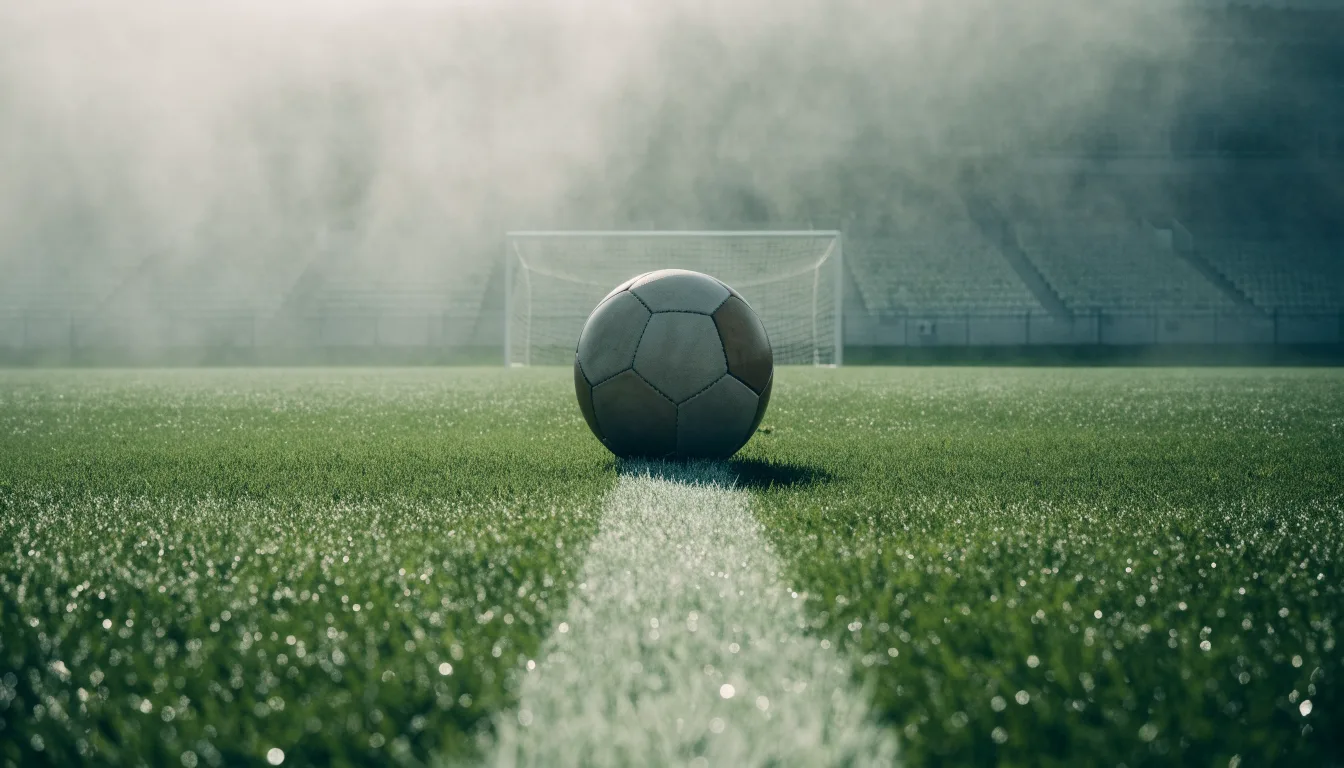 Ein Fußball liegt auf dem Anstoßpunkt eines leeren Rasenplatzes im Morgennebel, im Hintergrund verschwimmen die Tribünen.