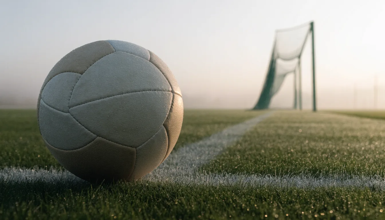 Ein Fußball liegt auf dem Anstoßpunkt eines leeren Rasenplatzes im Morgennebel.