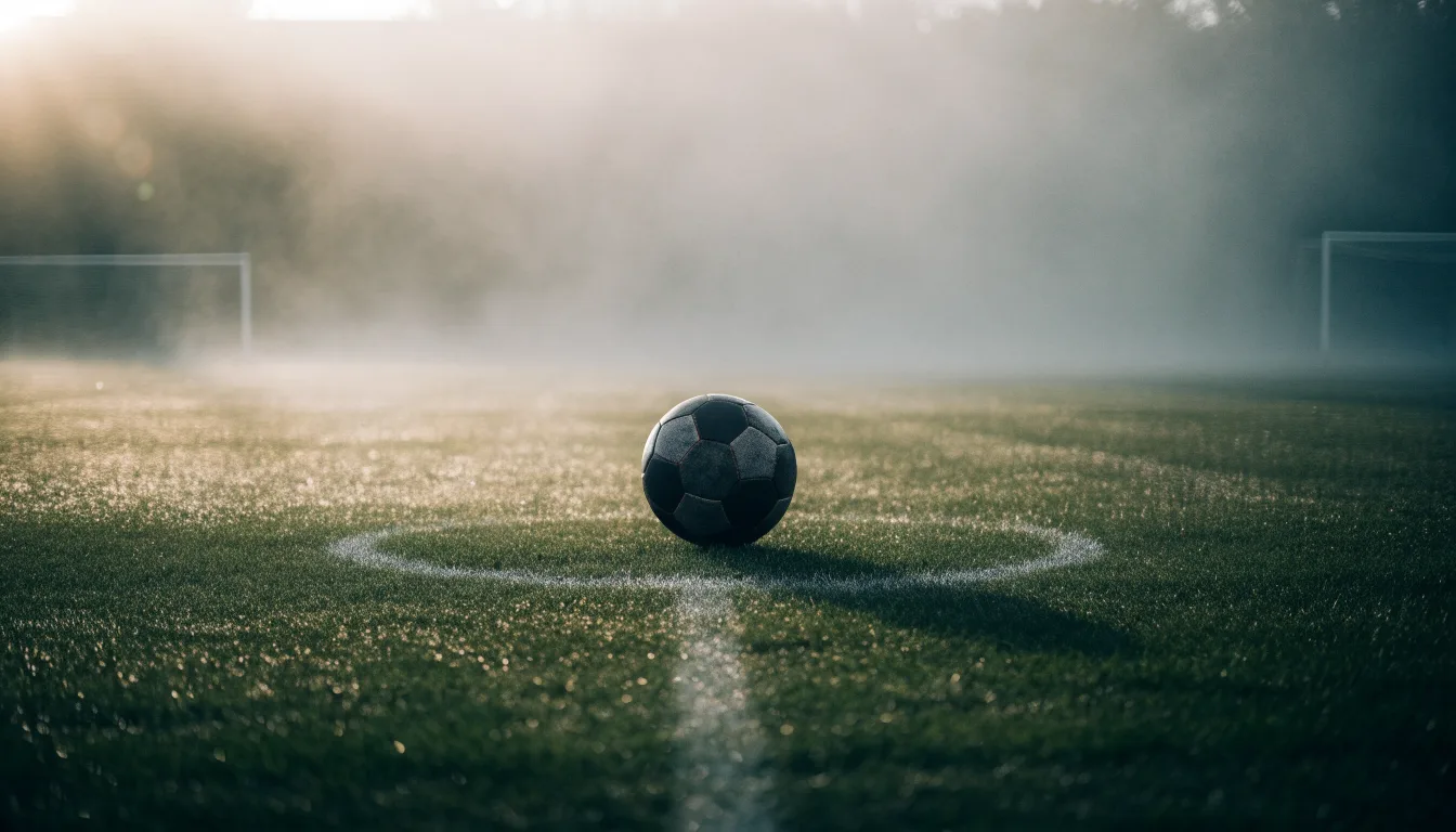Ein Fußball liegt auf dem Anstoßpunkt eines leeren Rasenplatzes im Morgennebel.