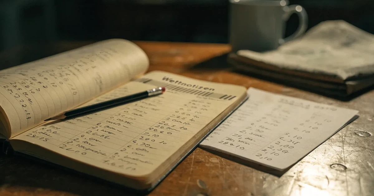 Ein aufgeschlagenes Notizbuch mit handschriftlichen Notizen und ein Bleistift liegen auf einem Schreibtisch im Licht einer Lampe.