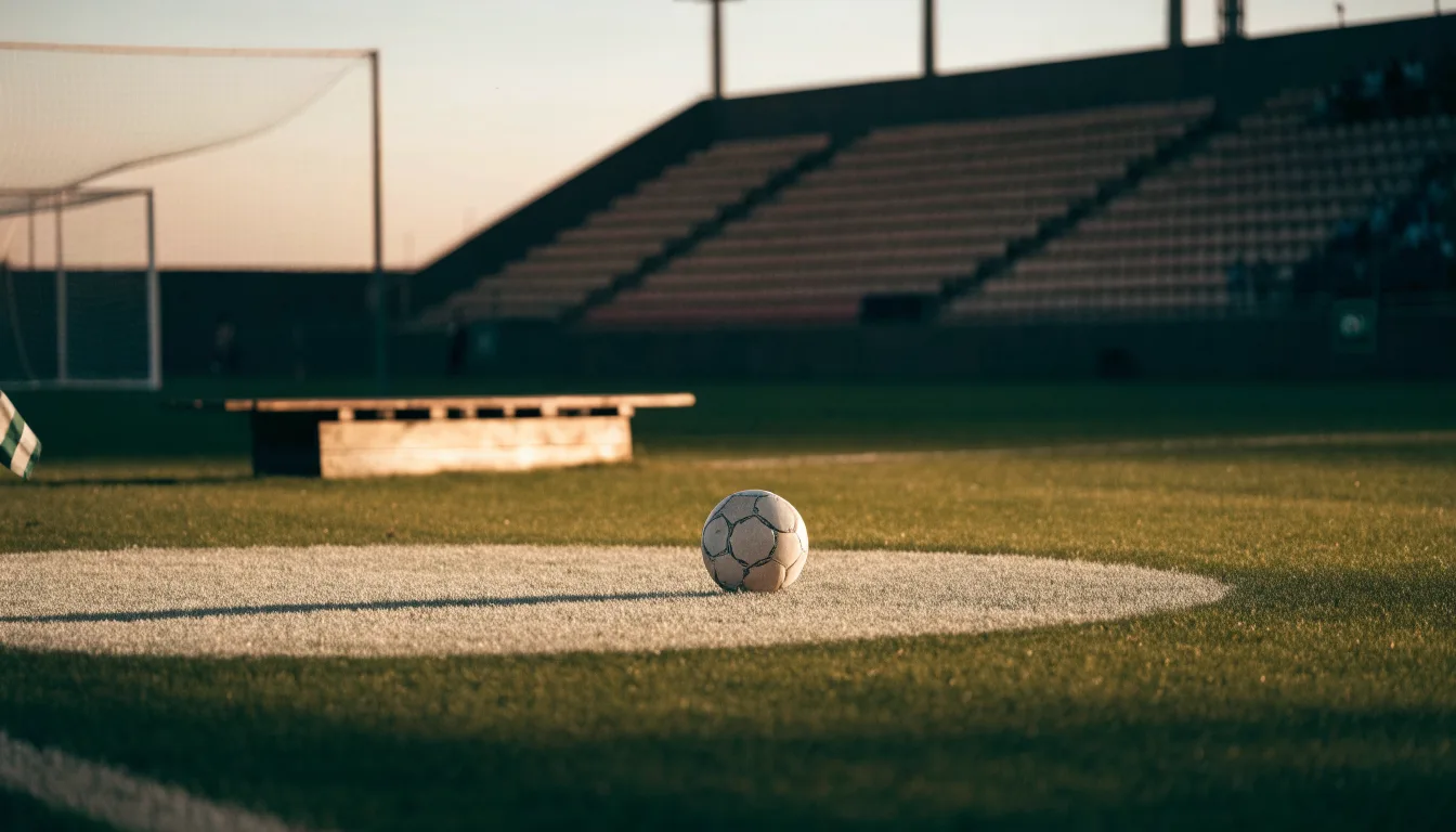 Ein Fußball liegt auf dem Anstoßpunkt eines leeren Rasenplatzes, dahinter eine menschenleere Tribüne im weichen Abendlicht.