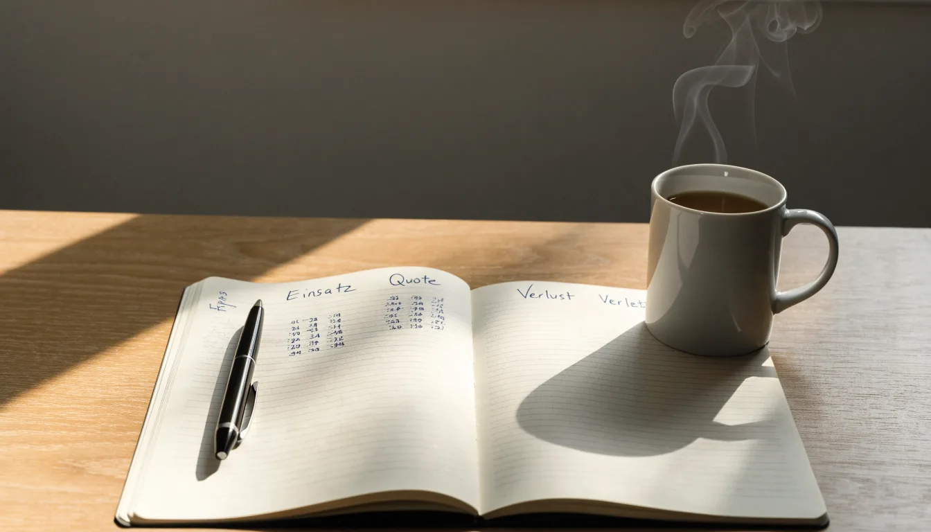 Ein aufgeschlagenes Notizbuch mit handgeschriebenen Notizen und ein Kugelschreiber liegen auf einem Schreibtisch neben einer Tasse Tee.