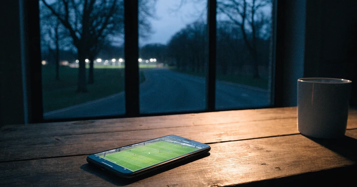 Ein Stadion unter Flutlicht aus großer Entfernung gesehen, davor eine dunkle Landstraße und einzelne Bäume in der Abenddämmerung.