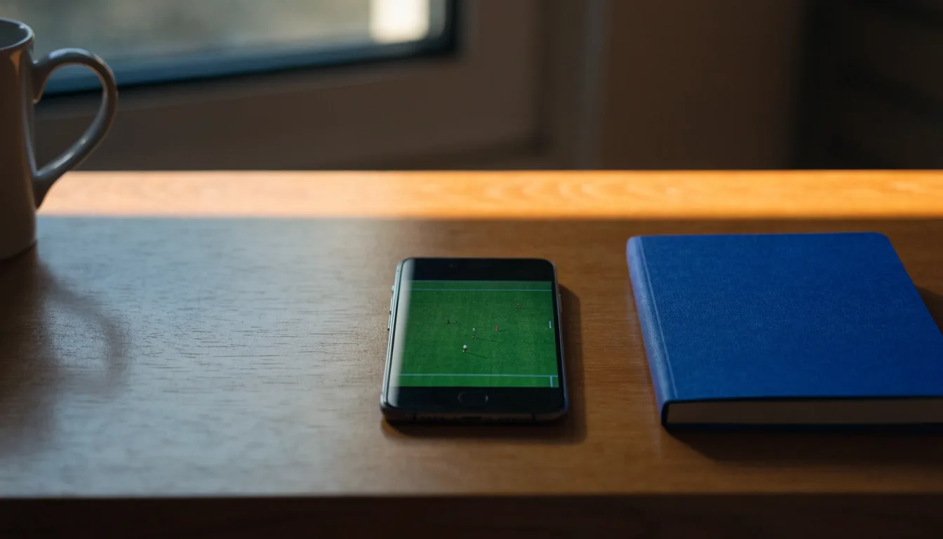 Ein Smartphone mit dunklem Display liegt auf einem Holztisch neben einem Notizbuch, durch das Fenster fällt Abendlicht.