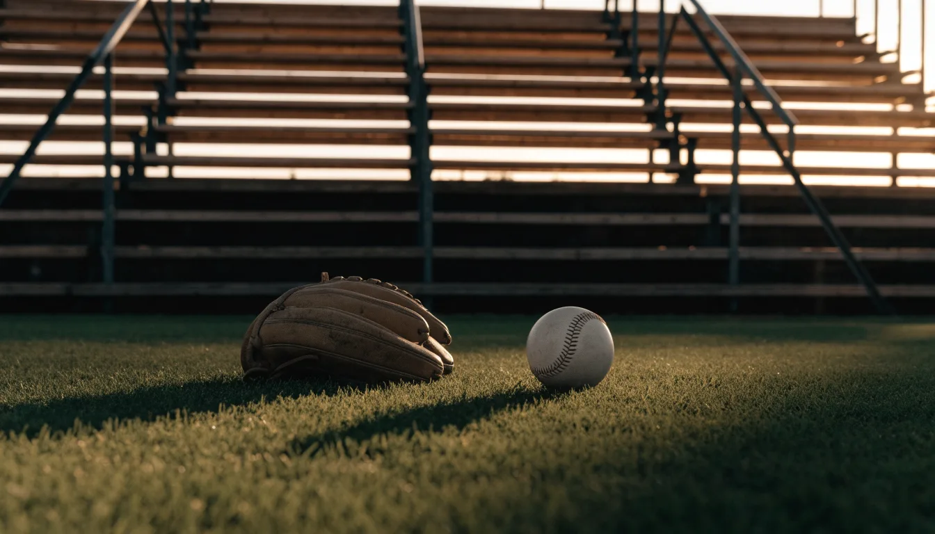 Ein Baseball liegt auf dem Rasen neben einem Lederhandschuh ohne Aufschrift, im Hintergrund eine leere Tribüne im Abendlicht.