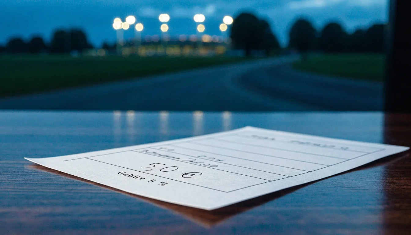 Ein Stadion unter Flutlicht aus großer Entfernung gesehen, davor eine dunkle Landstraße und einzelne Bäume in der Dämmerung.