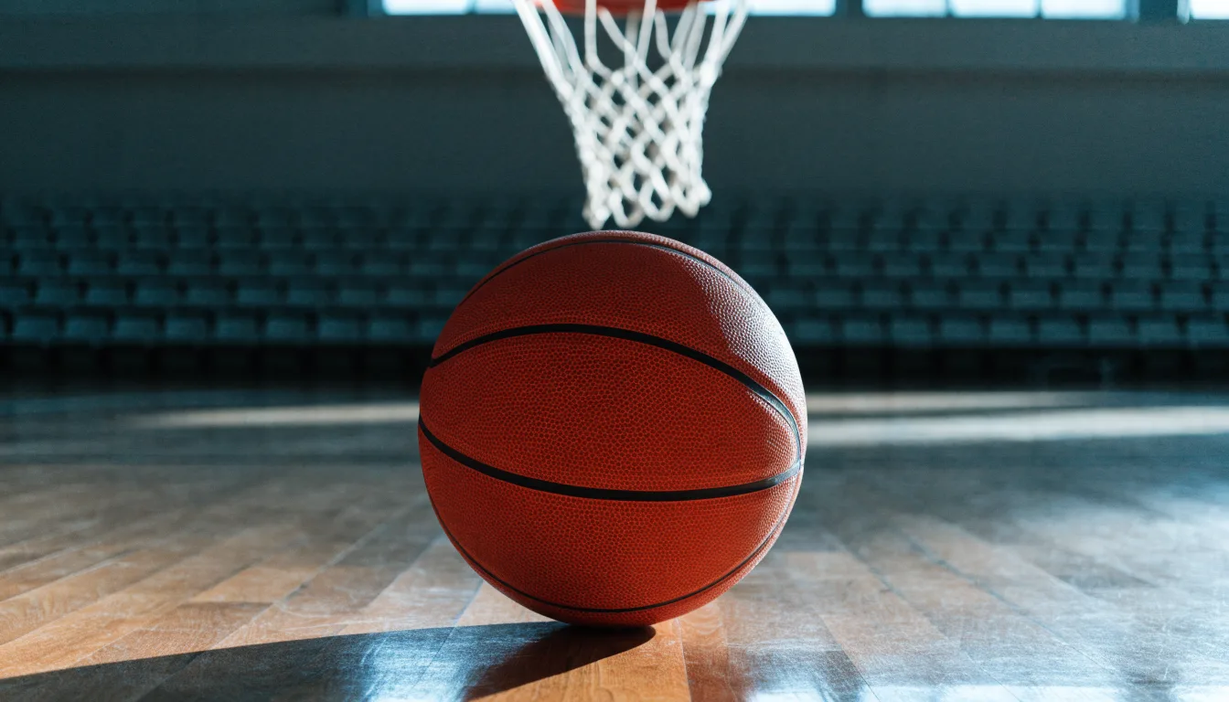 Ein orangefarbener Basketball liegt auf einem Hallenboden unter dem Netz eines Korbs, im Hintergrund unscharf leere Sitzreihen.