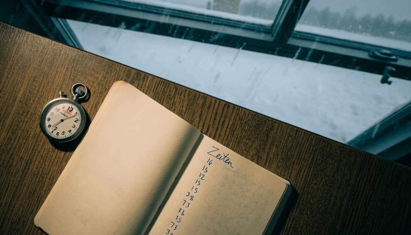 Ein Notizbuch mit handschriftlichen Zeiten liegt neben einer Stoppuhr auf einem Holztisch, draußen vor dem Fenster fällt Schnee.