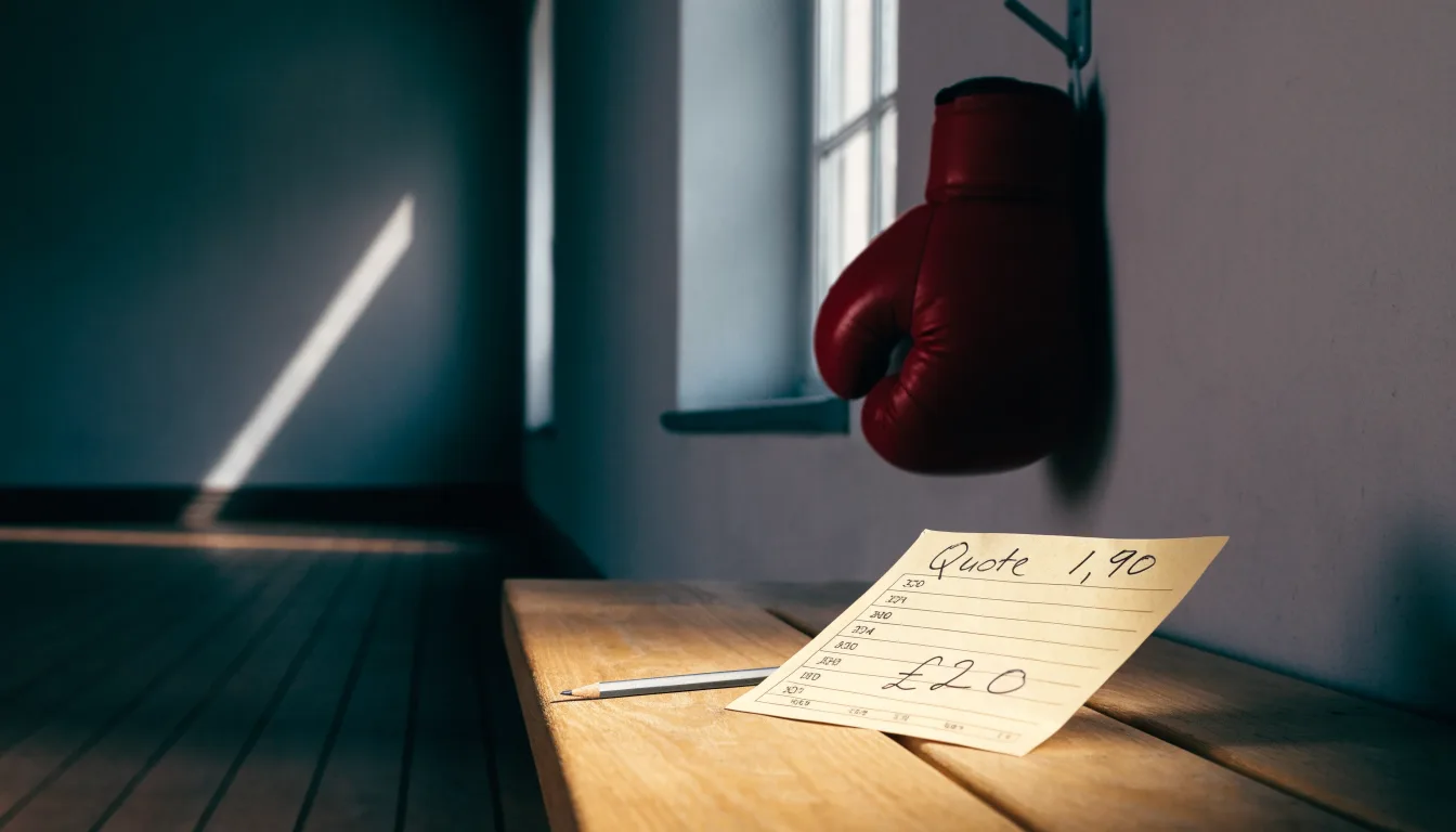 Ein Paar Boxhandschuhe hängt an einem Haken in einer leeren Trainingshalle, durch ein Fenster fällt Tageslicht auf den Boden.
