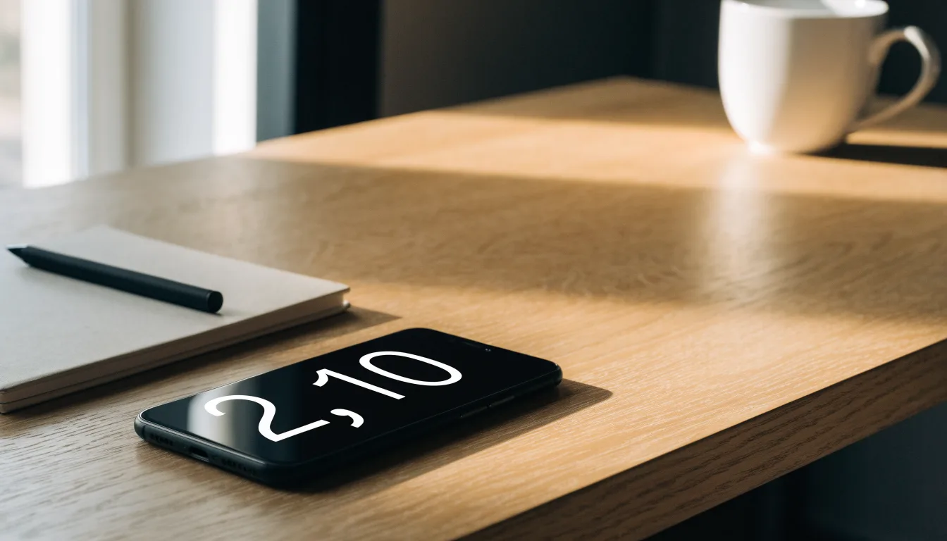Ein Smartphone mit dunklem Display liegt auf einem Holztisch neben einem Notizblock und einem Stift, Tageslicht von links.