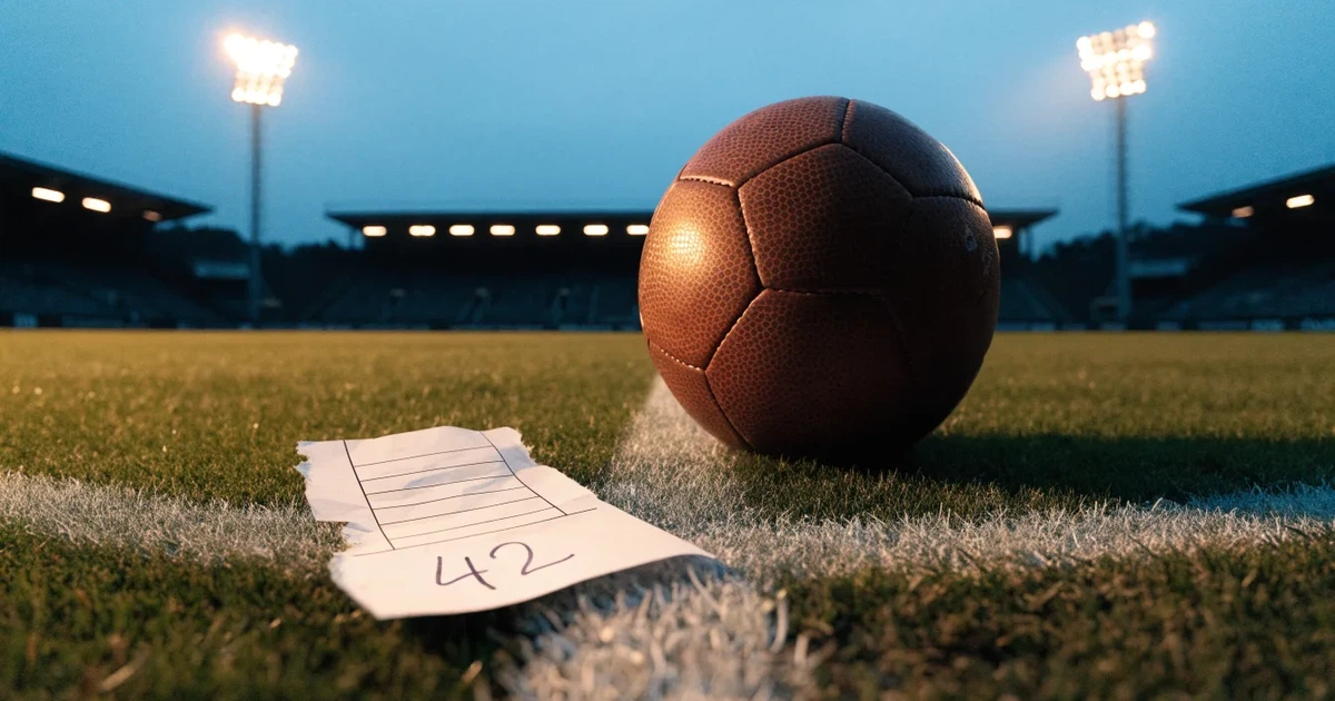 Ein Fußball liegt auf dem Anstoßpunkt eines Rasenplatzes in der Dämmerung, in der Ferne leuchten Flutlichter, die Ränge sind leer.