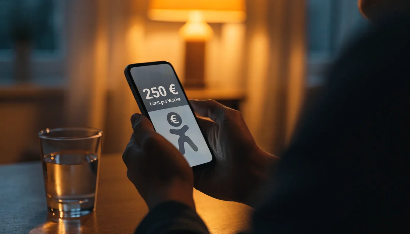Ein Smartphone liegt mit dem Display nach unten auf einem Holztisch neben einem Glas Wasser, ruhige Abendstimmung in einem Wohnzimmer.