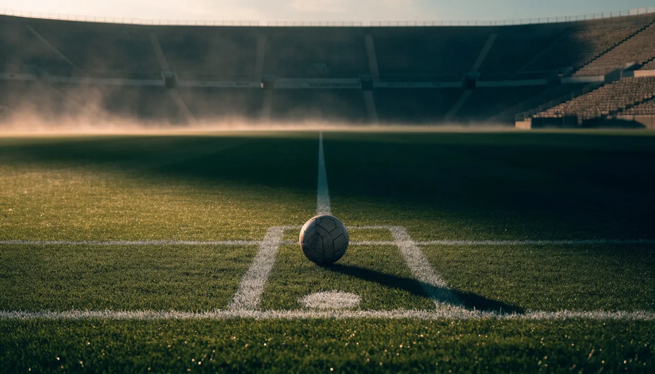Ein Fußball auf dem Mittelpunkt eines Rasenplatzes, früher Morgen, Tau auf dem Gras, im Hintergrund leere Tribünen.