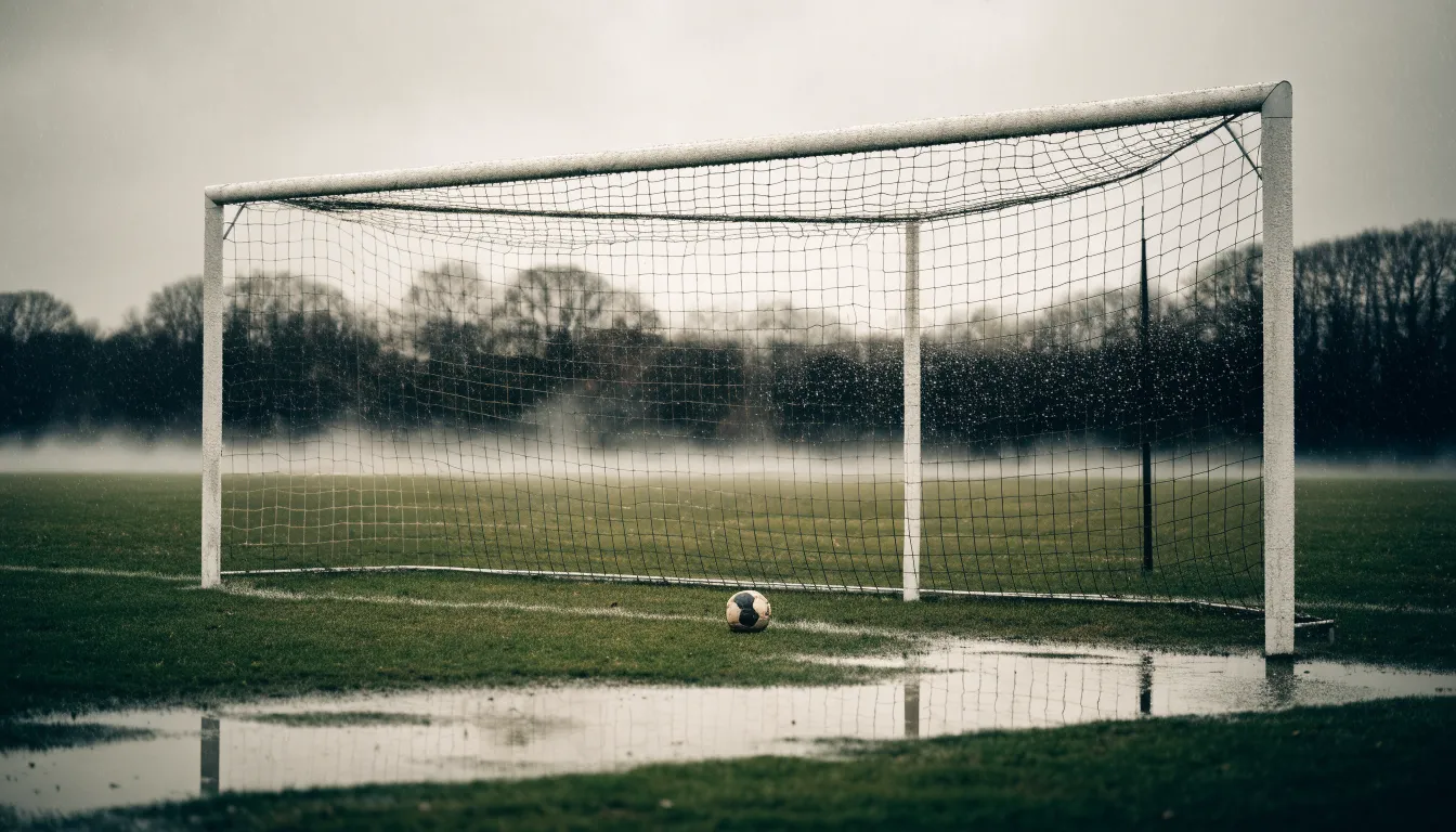 Ein Fußballtor mit Netz auf einem Trainingsplatz bei Regen, Pfützen stehen auf dem Rasen, niemand ist zu sehen.