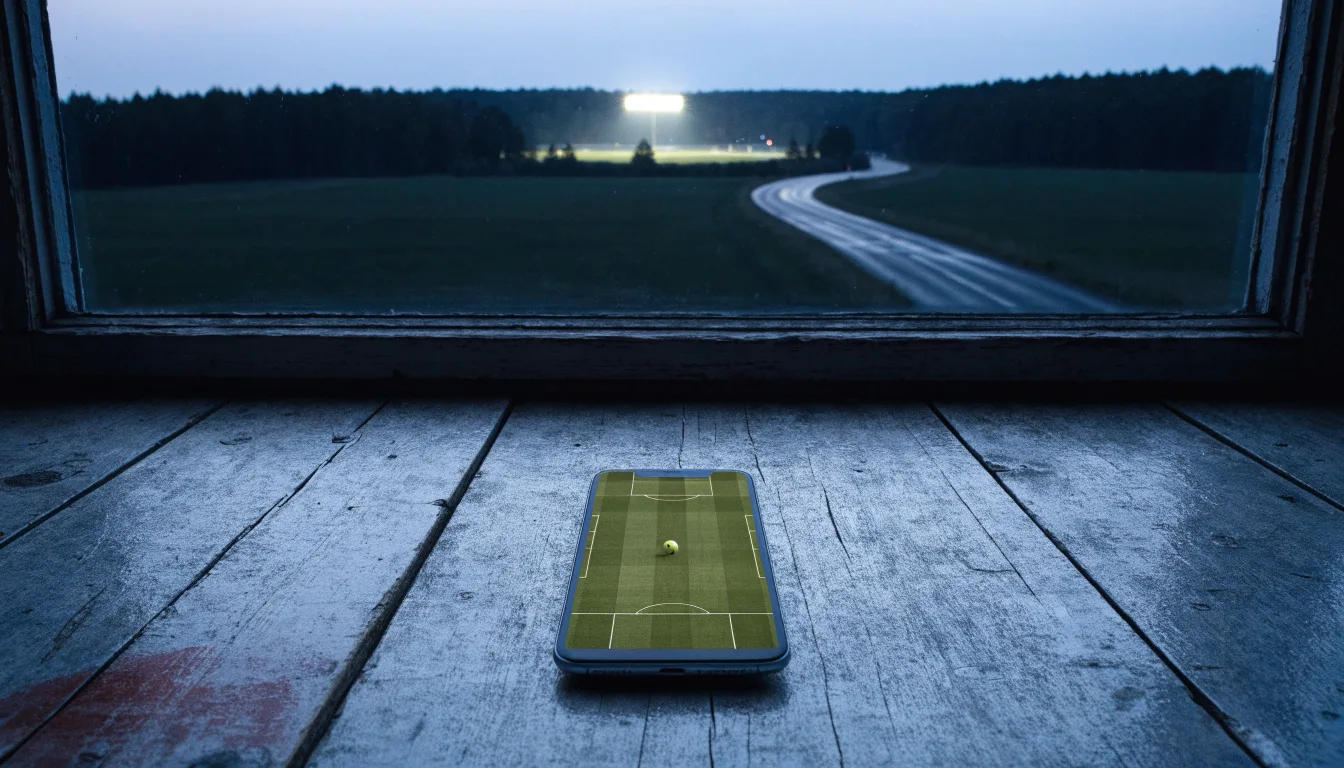 Ein Flutlichtstadion in der Dämmerung aus weiter Ferne, davor ein Wald und eine leere Straße.